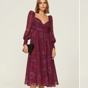 Badgley Mischka Size 8 pink, purple floral‎ Long Sleeve Wrap midi Dress